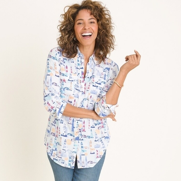 Chico's Silky Soft Lighthouse Print Blouse 2/M - Picture 1 of 7